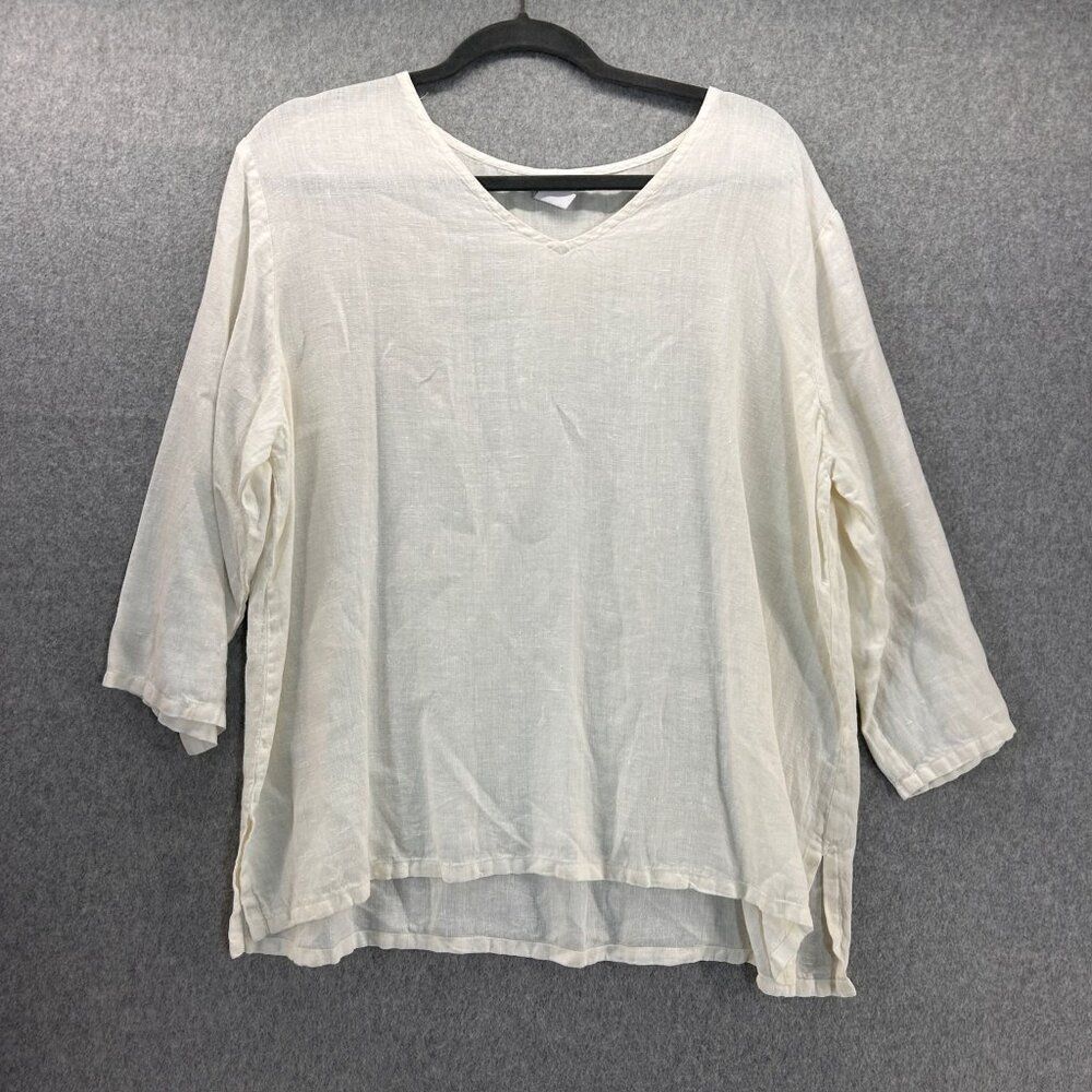Match Point Women's Size Large Shirt Blouse Cream Ivory Linen Top‎  3/4 Sleeve